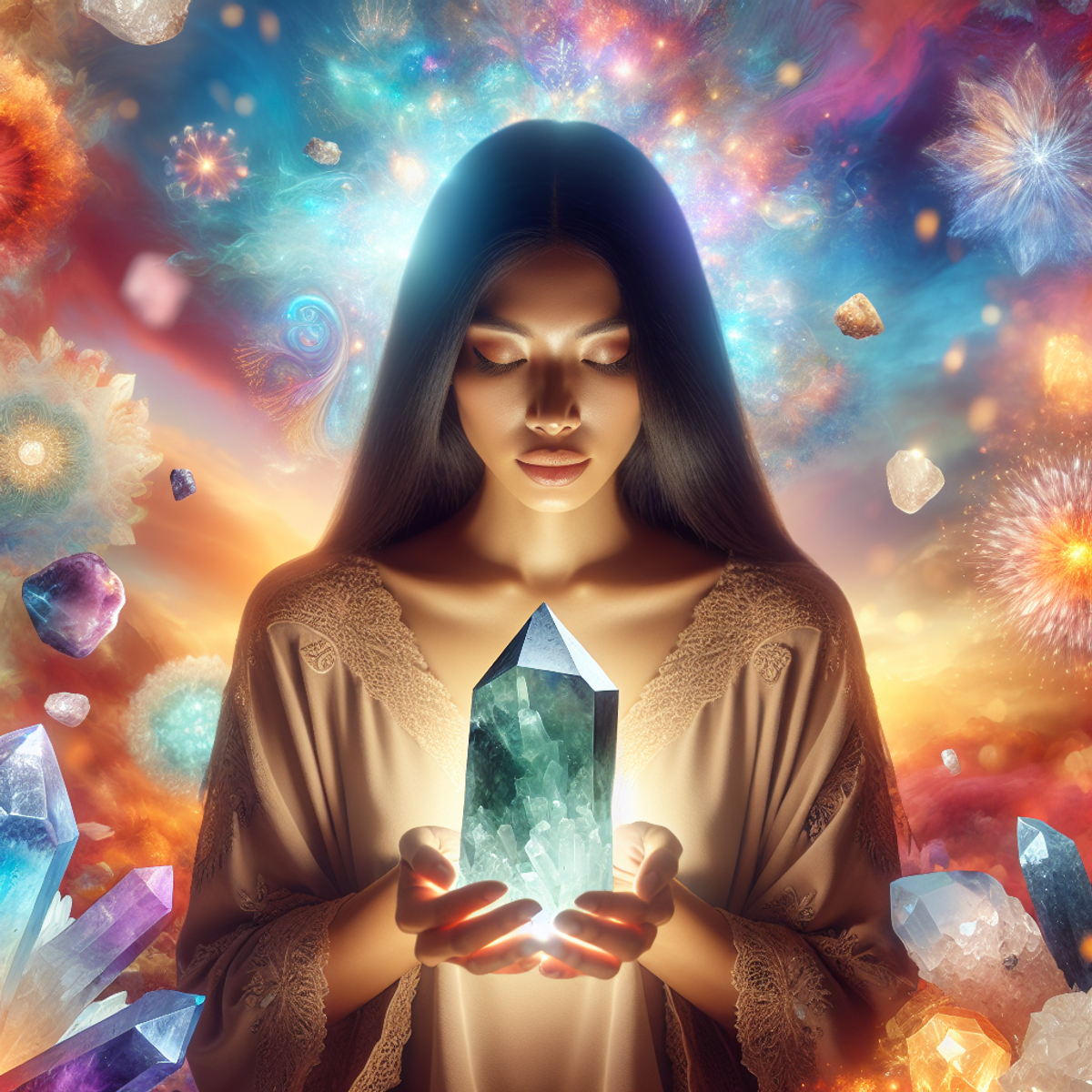 A South Asian woman holding a large fluorite crystal, surrounded by vibrant colors, radiating self-love and compassion.