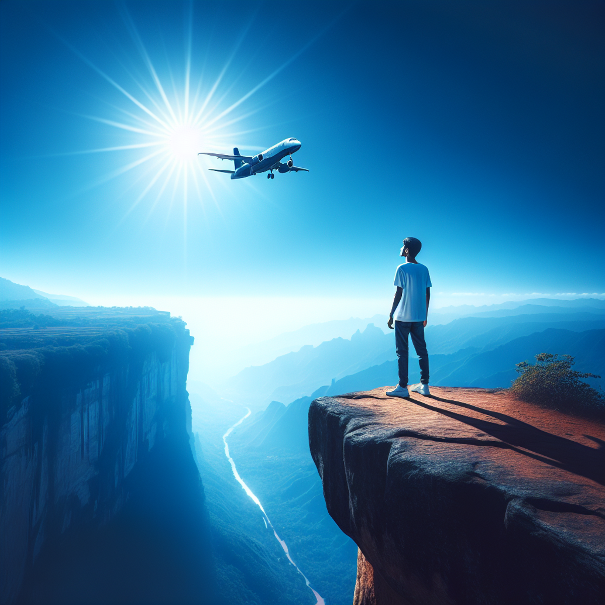 A man standing on a cliff looking at a shining airplane in the clear blue sky.