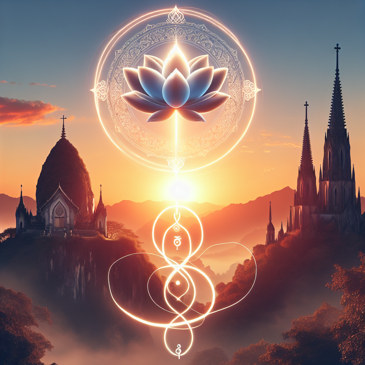 A lotus flower glowing atop a serene mountain at sunrise, connected to a majestic stone cathedral by a ribbon of light.