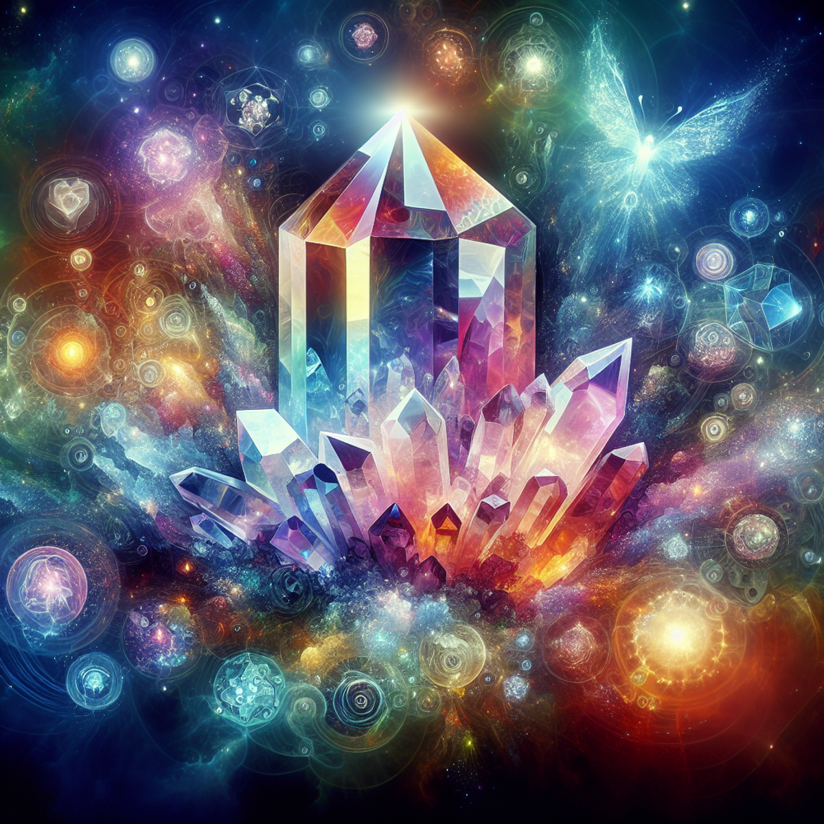 A large, radiant fluorite crystal with captivating colors exuding an aura of prominent, intuitive energy.