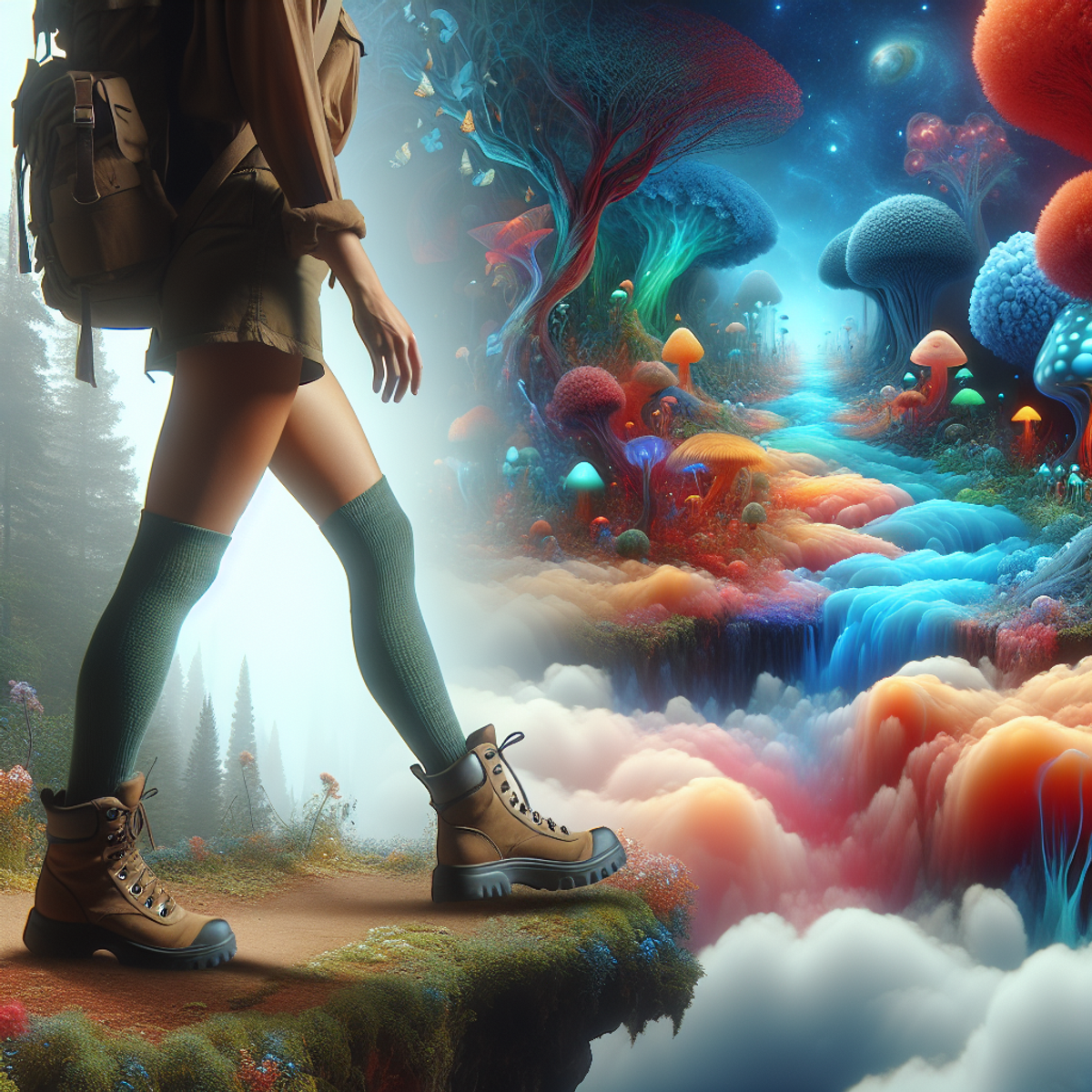 A female explorer stepping from reality into a surreal, dreamlike landscape filled with floating islands, luminescent plants, and whimsical animals.