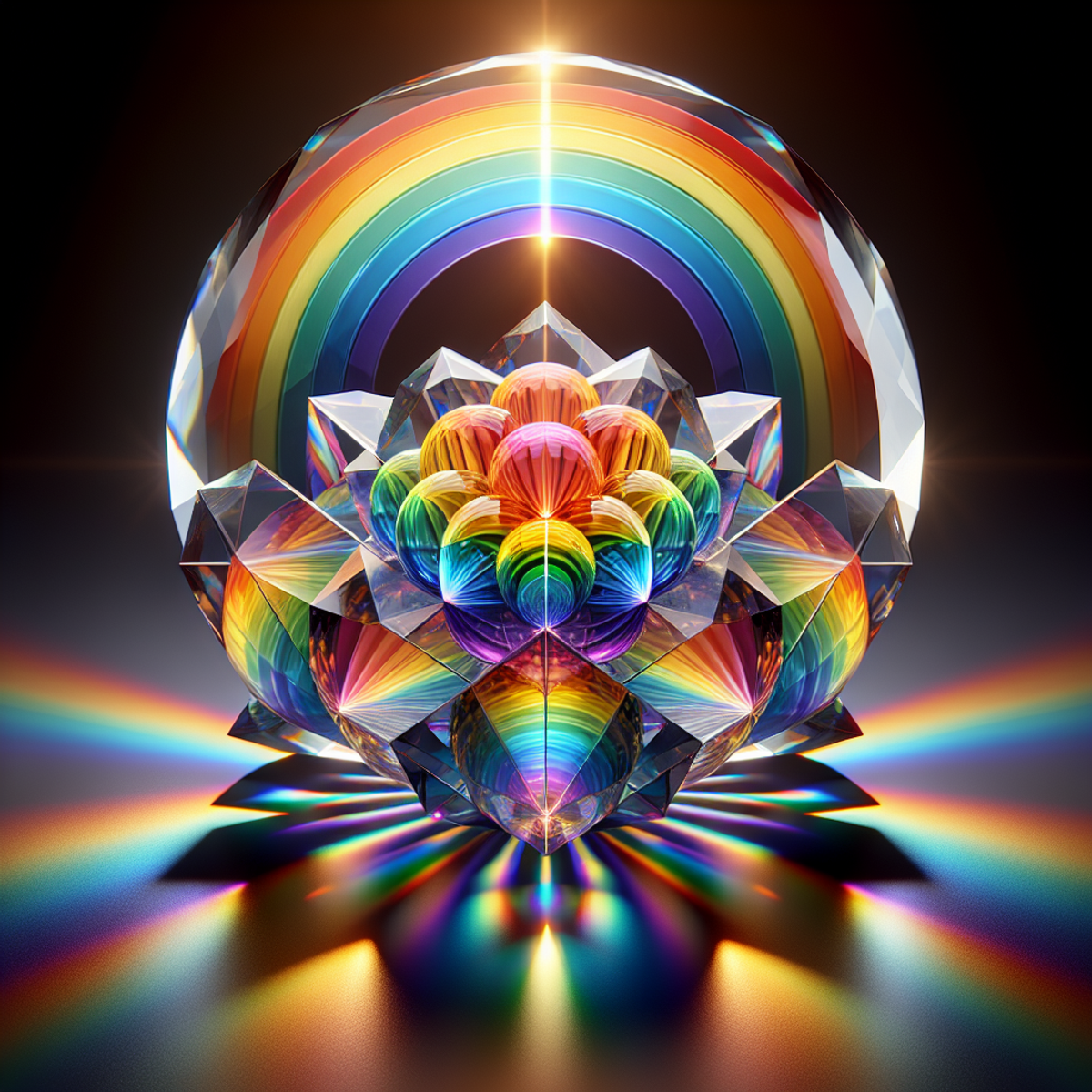 A crystal prism refracting a vibrant rainbow.