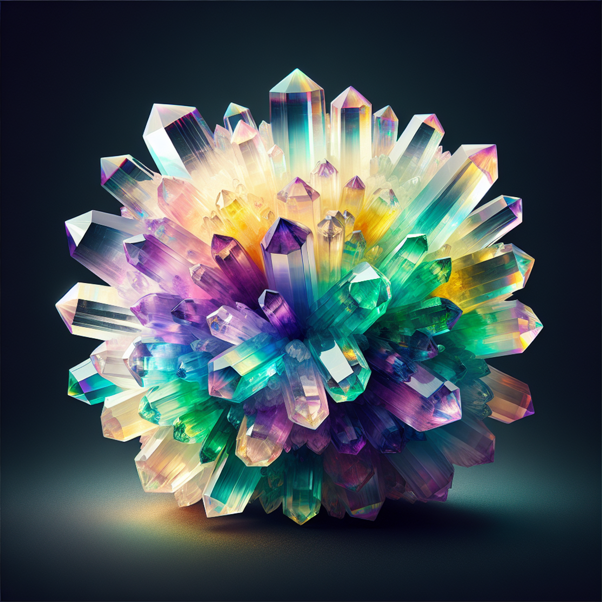 A close-up photo of a vibrant fluorite crystal showing intricate details and shimmering shades of green, purple, blue, and yellow.