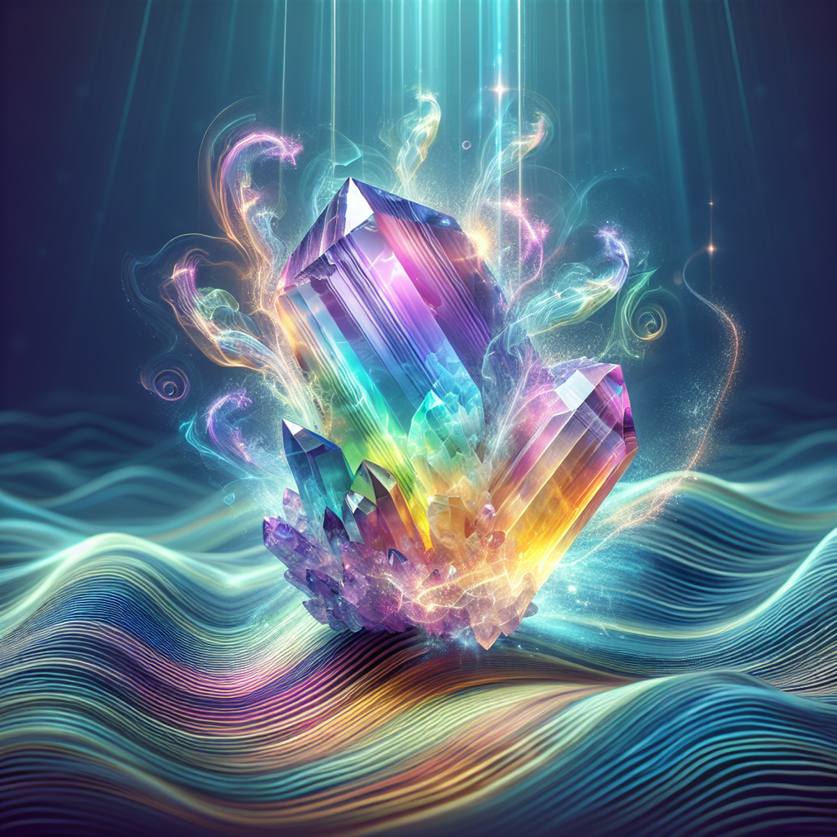 A close-up photo of a vibrant fluorite crystal emitting colorful waves of energy.