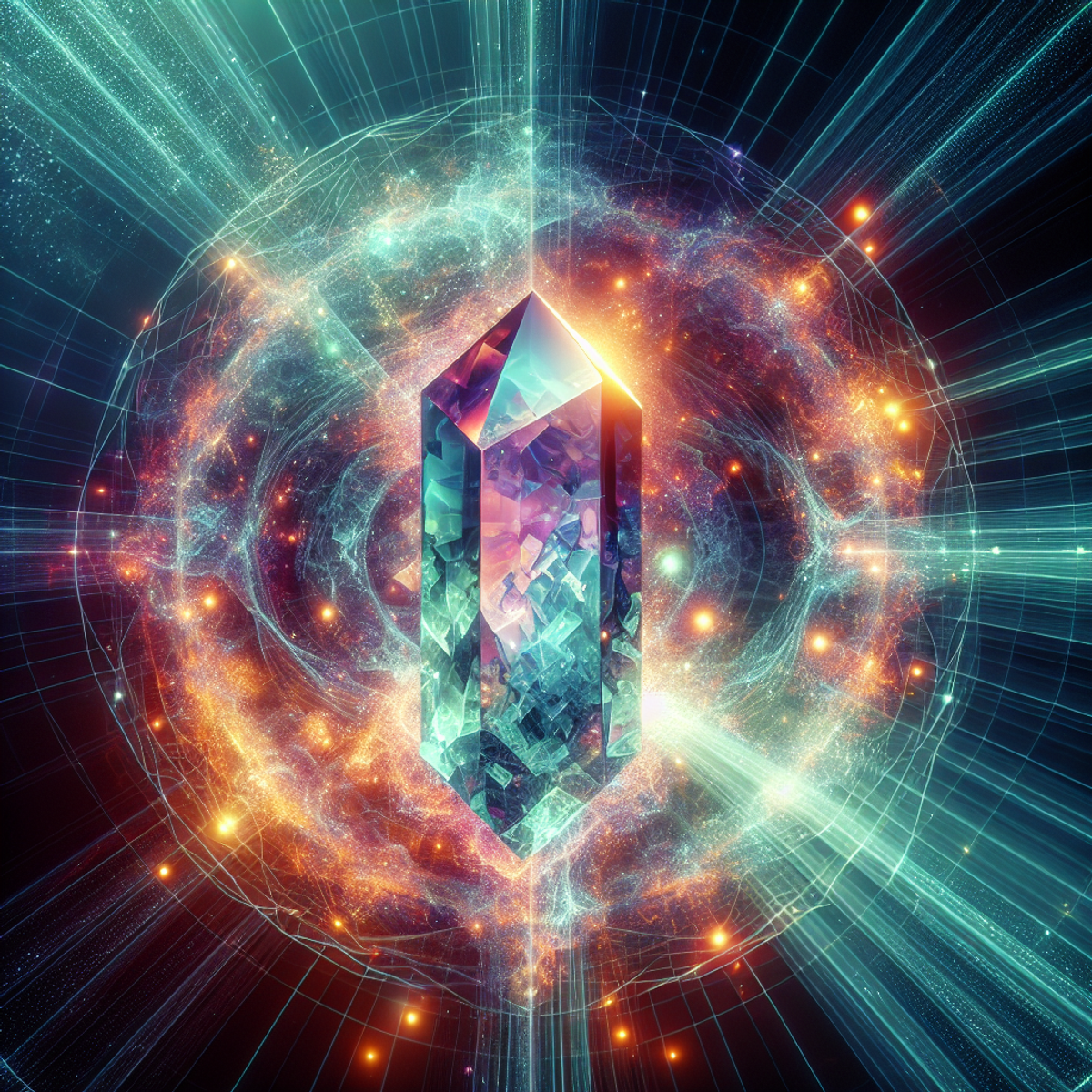 A close-up photo of a fluorite crystal with vibrant colors and a radiant glow, symbolizing positive energy and protection.