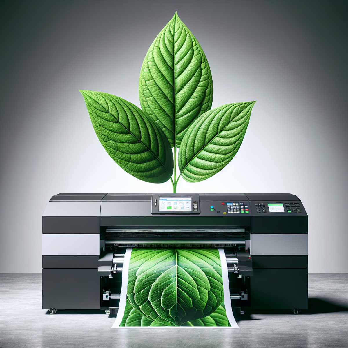 A digital printer producing a vibrant green leaf.