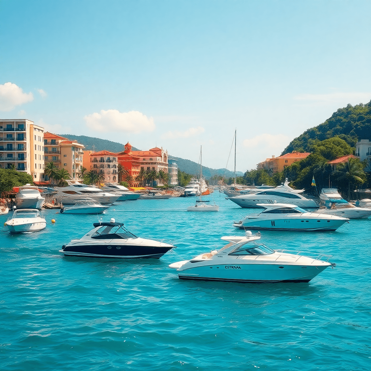 A vibrant Caribbean coastline in Cartagena with various boats and yachts on sunny water, colorful buildings, and lush greenery, capturing a sense of adventure and relaxation.