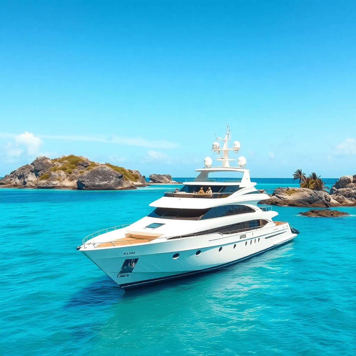 A luxury yacht anchored in vibrant blue waters off Cartagena's coastline, surrounded by tropical palm trees and rocky shores under a clear sky.