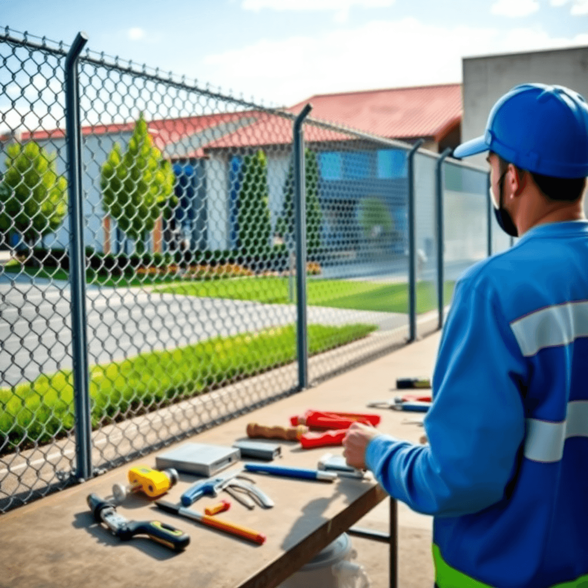 A modern commercial fence installation site with a well-constructed chain link fence, organized workspace, tools visible, and a business property in the background.