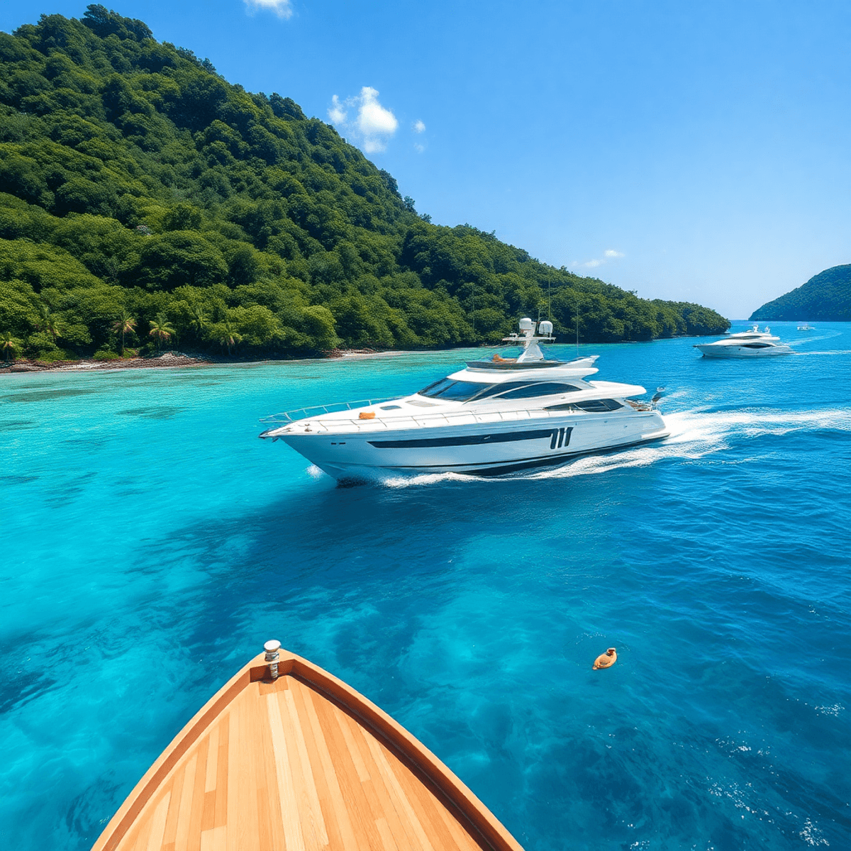A luxurious yacht glides through turquoise waters of the Rosario Islands, framed by lush greenery and a bright blue sky, embodying adventure and relaxation.