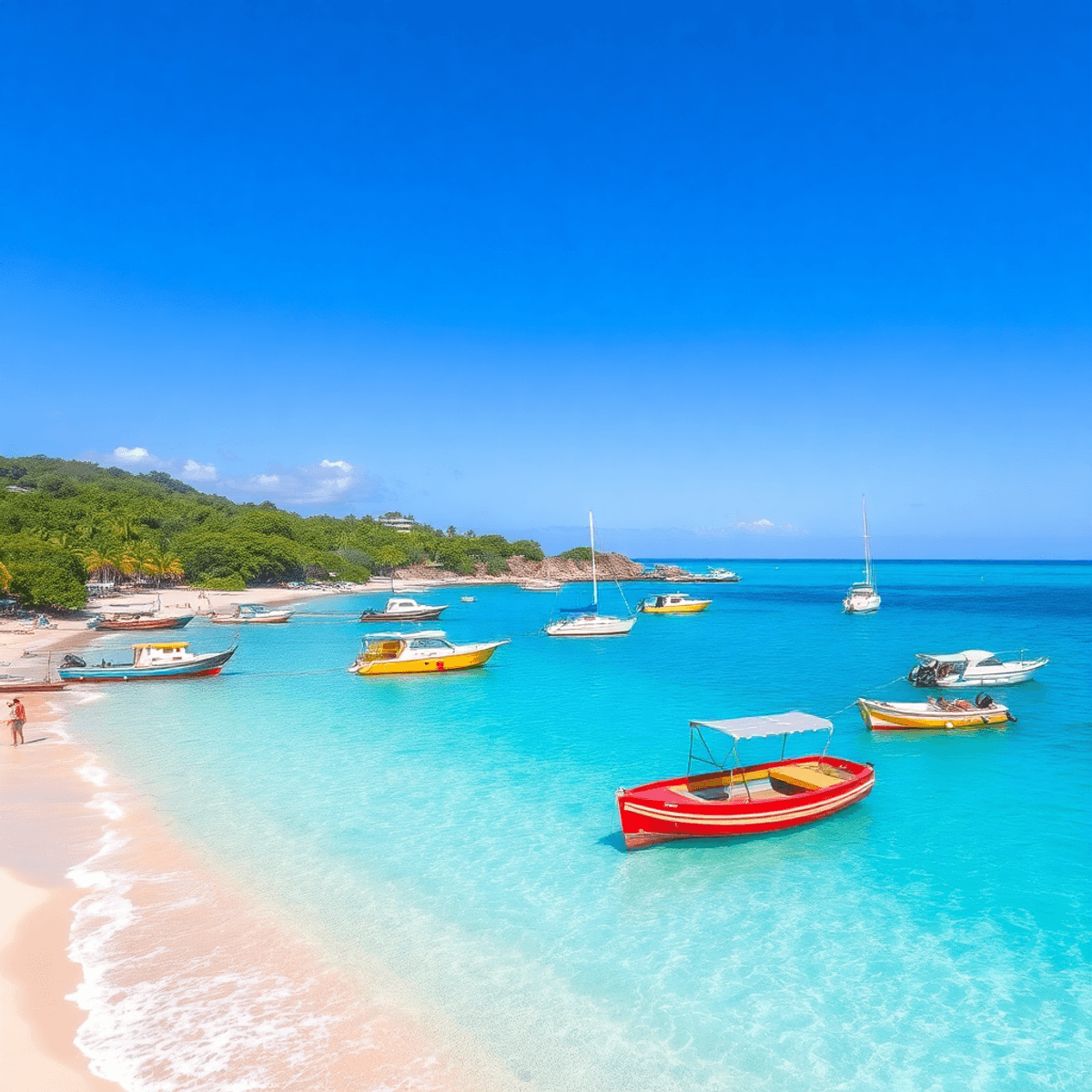 A vibrant beach scene with crystal-clear waters, pristine sandy shores, colorful boats near the coastline, and lush tropical greenery under a bright sunny sky.