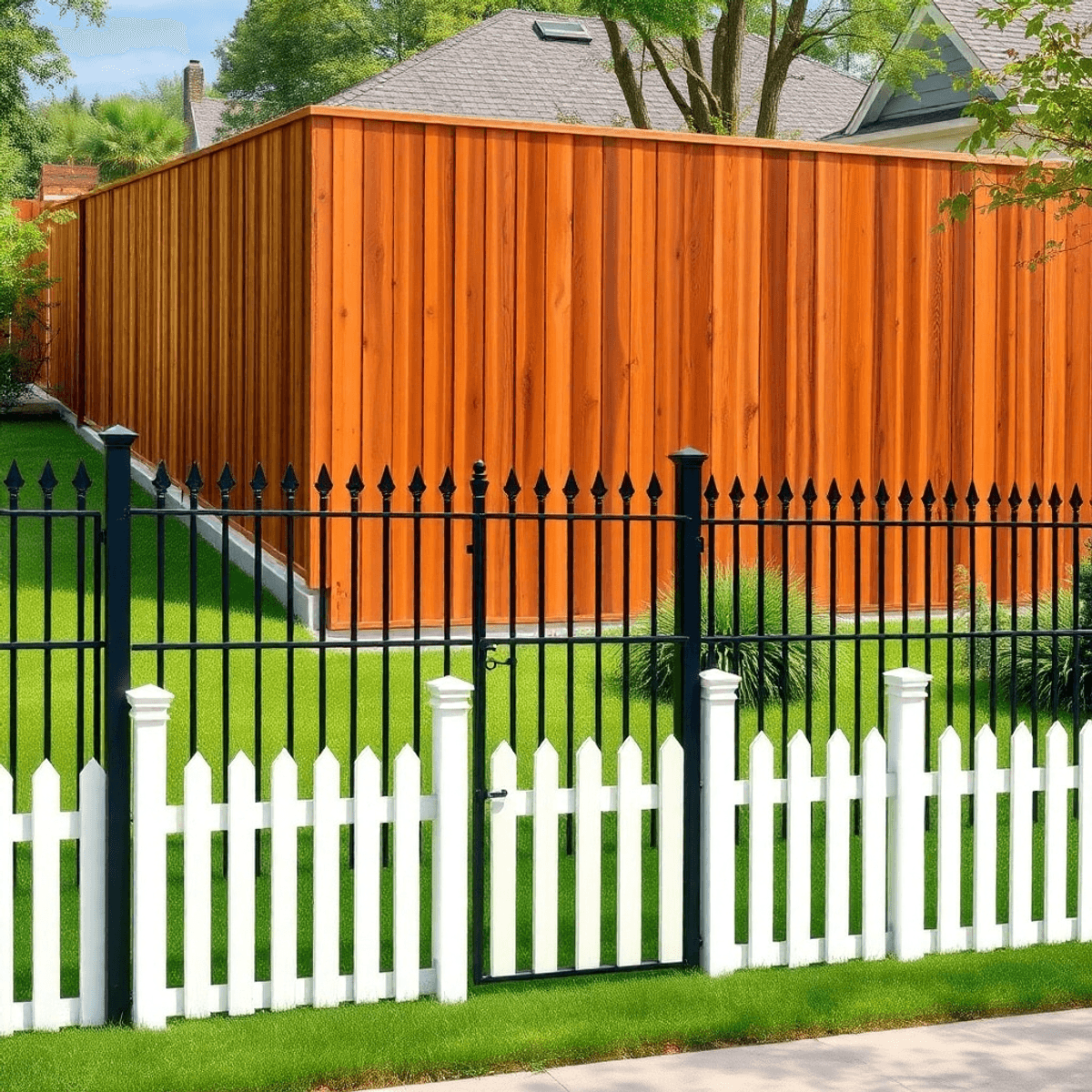 A suburban residential property showcasing various fences: a tall wooden privacy fence, an iron security fence, and a decorative picket fence amidst green lawns and trees.