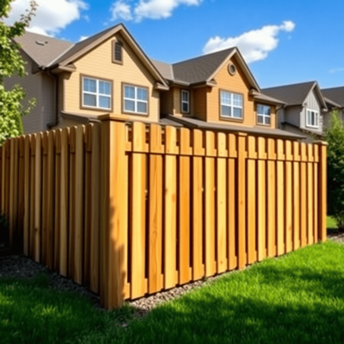 A charming residential property with a stylish wooden fence, surrounded by lush landscaping and a clear blue sky, showcasing security and aesthetic beauty.
