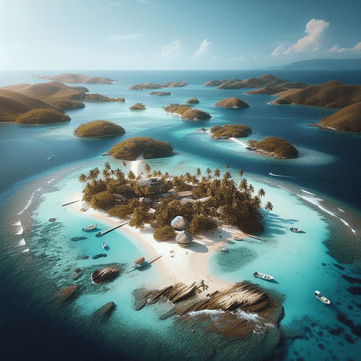 Una representación de arte digital de una isla tropical con aguas cristalinas y playas de arena blanca, simbolizando la belleza de las Islas Rosario.
