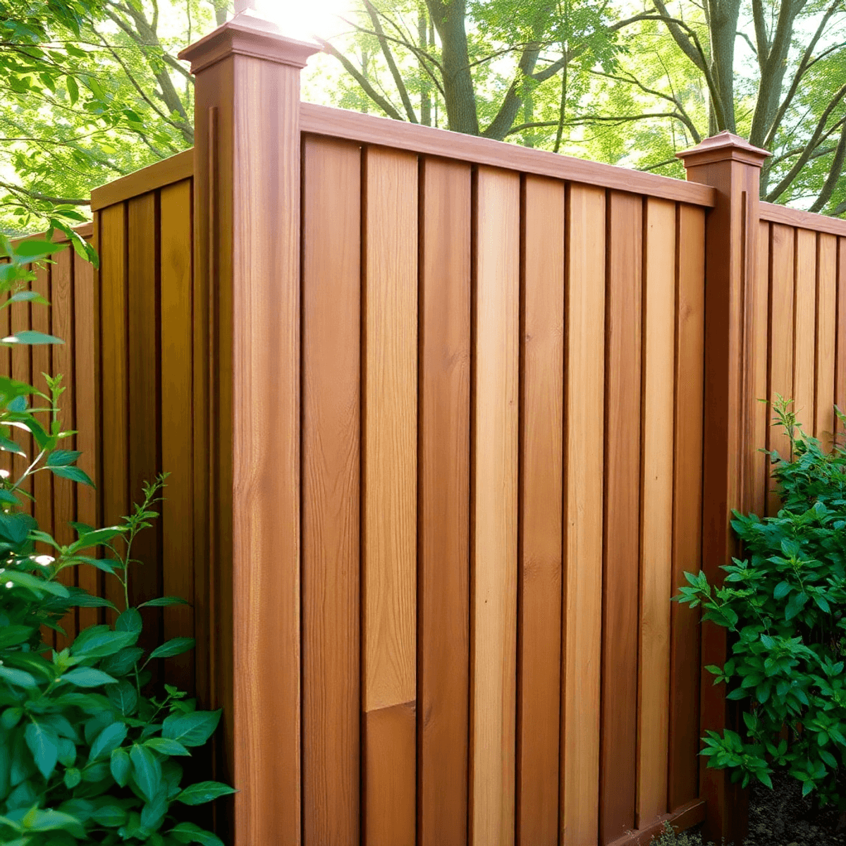 A beautifully stained wooden fence surrounded by vibrant greenery, with sunlight filtering through trees, highlighting its natural beauty and resilience.