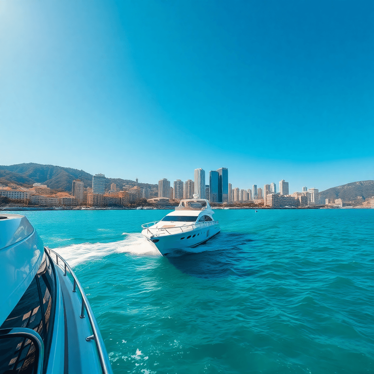 A luxury yacht sails in turquoise waters near Cartagena, with a vibrant city skyline and clear blue sky, evoking adventure and relaxation.