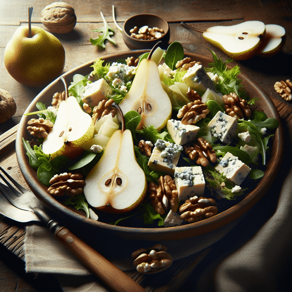 A beautifully arranged Pear Gorgonzola Salad featuring sliced ripe pears, crumbled Gorgonzola cheese, a mix of vibrant greens, and crunchy walnuts, all displayed on a rustic wooden table. Natural light enhances the textures and colors of the ingredients, showcasing the creamy cheese, crisp greens, and golden walnuts in an appetizing composition.