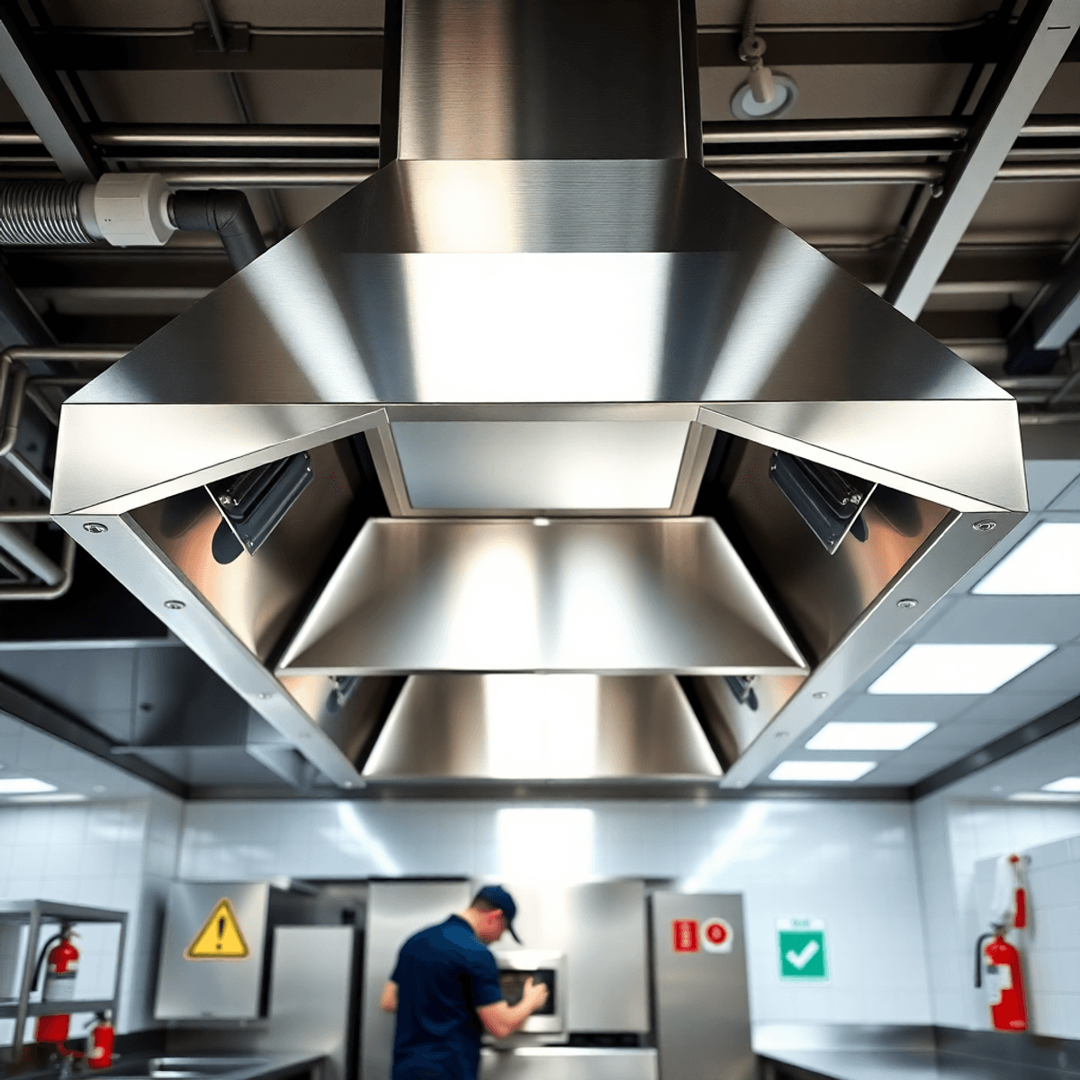 Modern commercial kitchen with stainless steel hood, technicians in uniforms performing maintenance, and visible safety equipment like fire extinguishers.