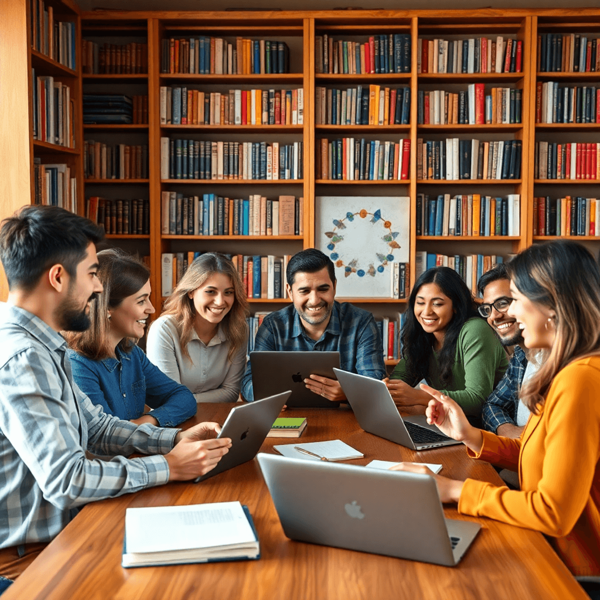 A group of people gathered around a table with laptops and tablets, engaged in lively discussion, surrounded by bookshelves filled with books, symbolizing collaboration.