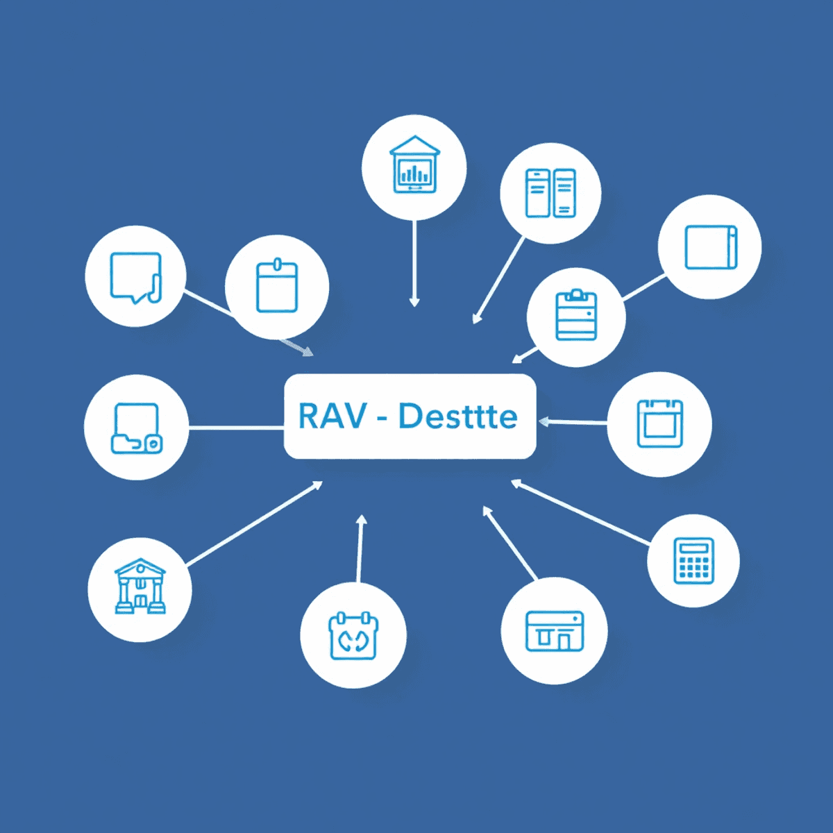 Infografik mit digitalen Service-Icons rund um "RAV-Dienste" in Blau-Weiß, moderner und professioneller Designstil.