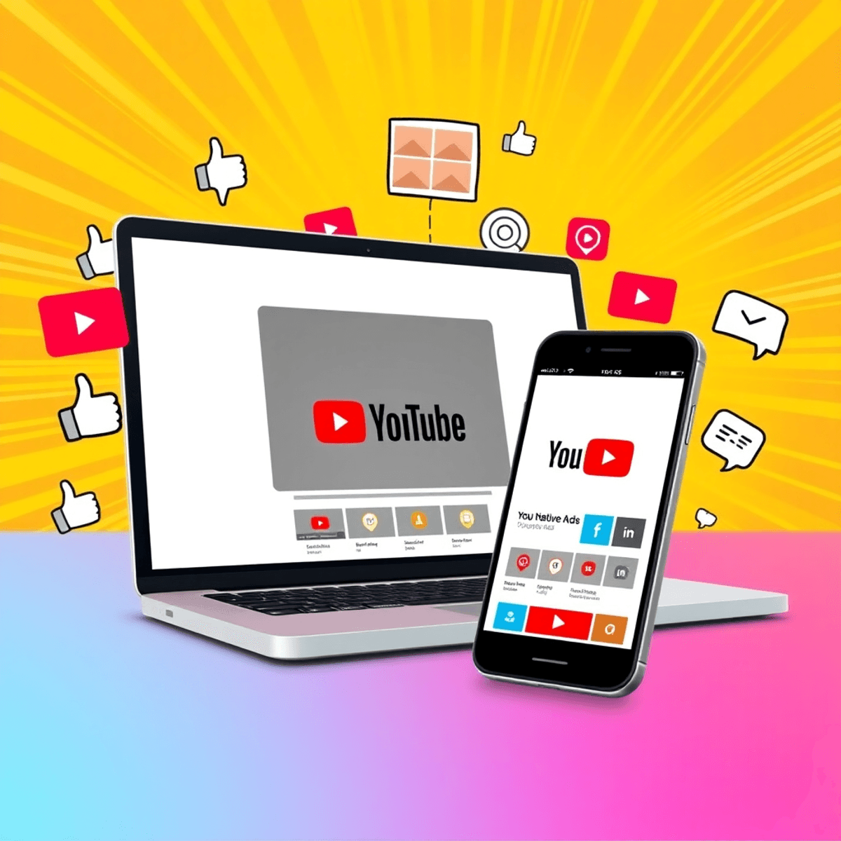 Moderner Digitalmarketing-Konzept mit Laptop und Smartphone, die YouTube Native Ads zeigen, umgeben von Like-, Play- und Chat-Symbolen vor hellem Hintergrund.