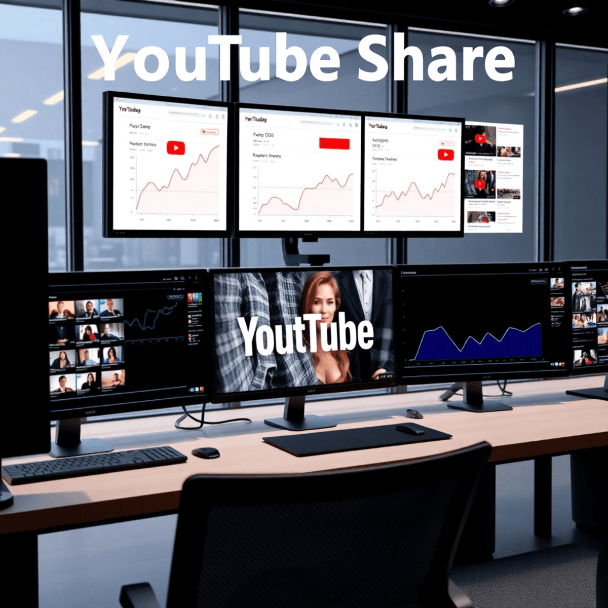 Moderner digitaler Arbeitsplatz mit mehreren Bildschirmen, die YouTube-Analysen, Diagramme und Video-Thumbnails zeigen.