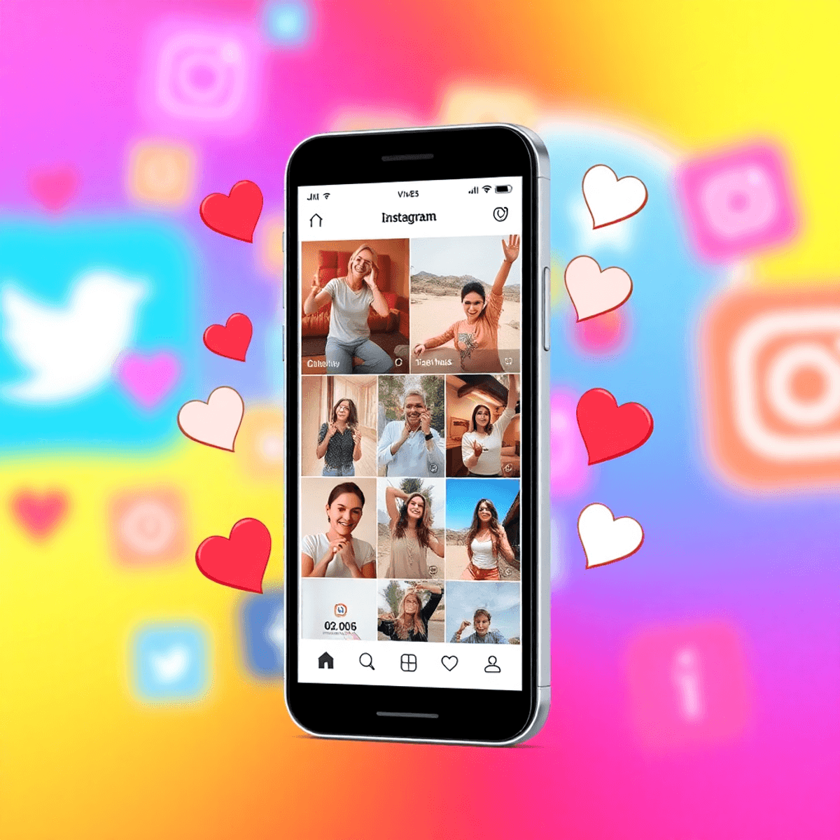 Smartphone zeigt Instagram Reels mit steigenden Aufrufen, Herzen und Kommentaren vor buntem Social-Media-Hintergrund.