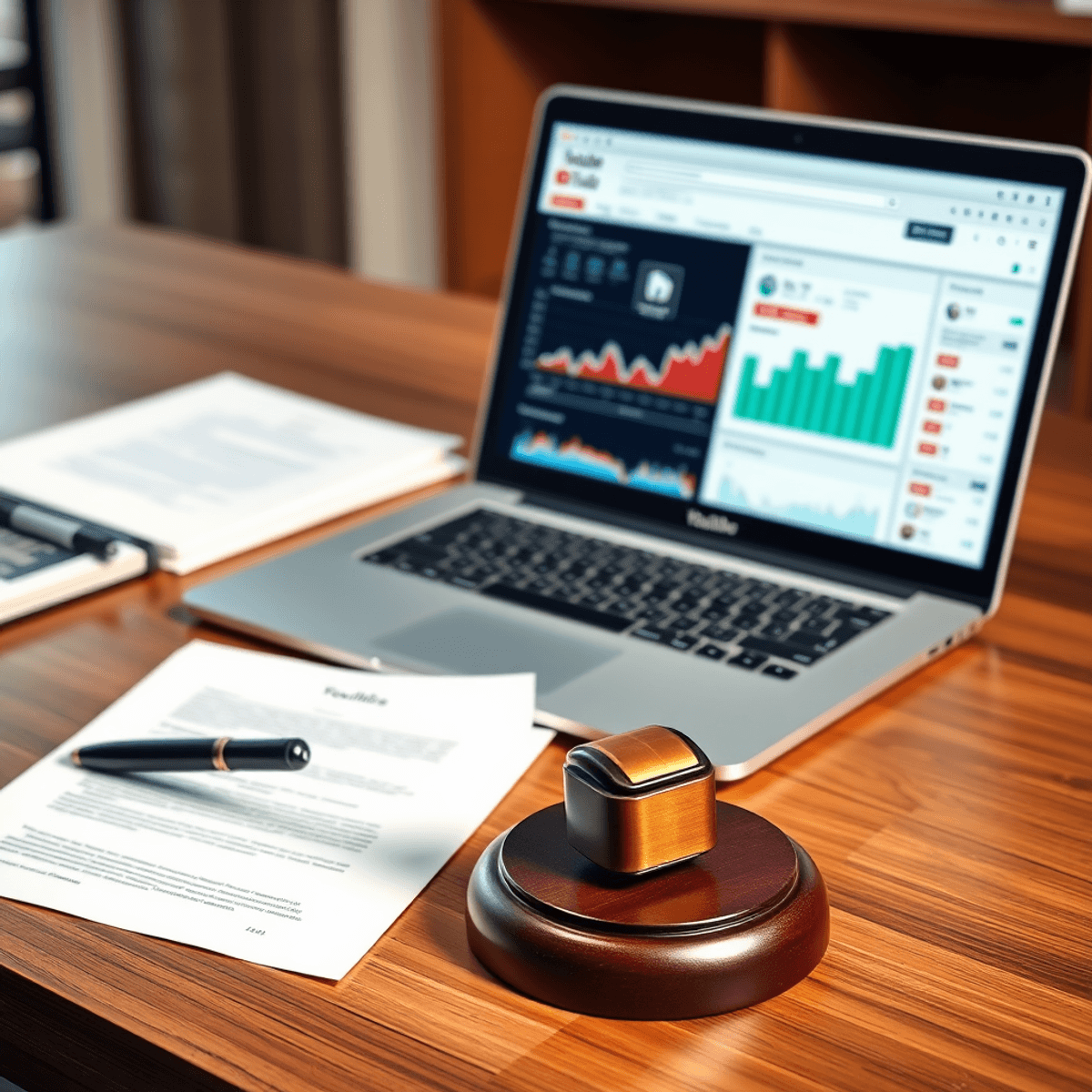 Moderner Arbeitsplatz mit Laptop, der YouTube-Analysen zeigt, juristischen Dokumenten und einem Richterhammer auf dem Schreibtisch.
