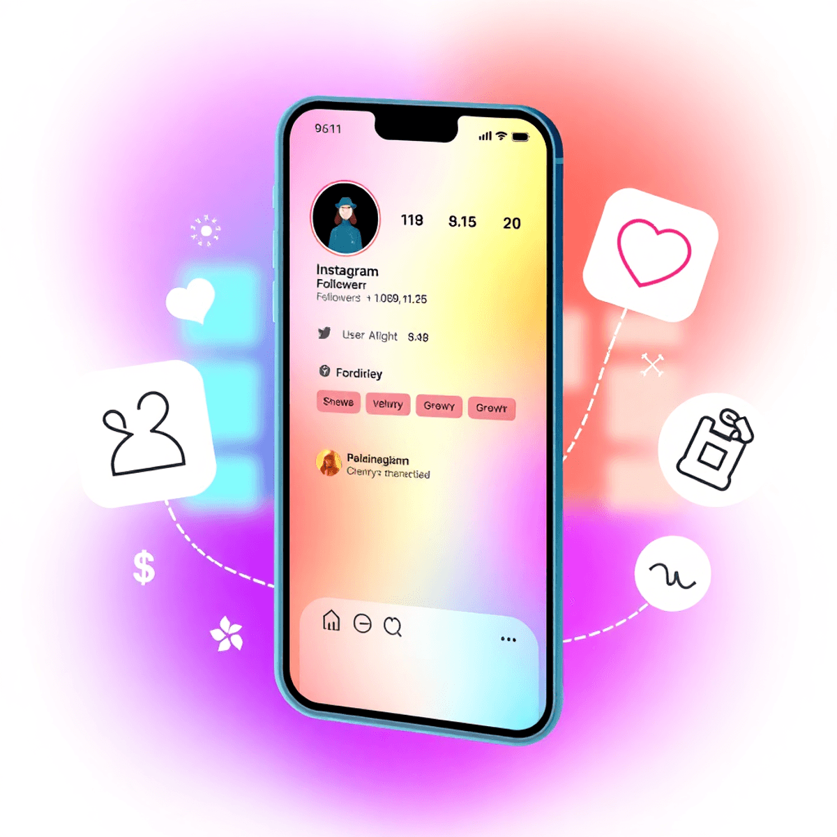 Smartphone-Bildschirm zeigt ein Instagram-Profil mit steigendem Follower-Zähler, umgeben von Symbolen für Wachstum in sozialen Medien, Glaubwürdigkeit und Monetarisierung auf einem bunten Hintergrund.