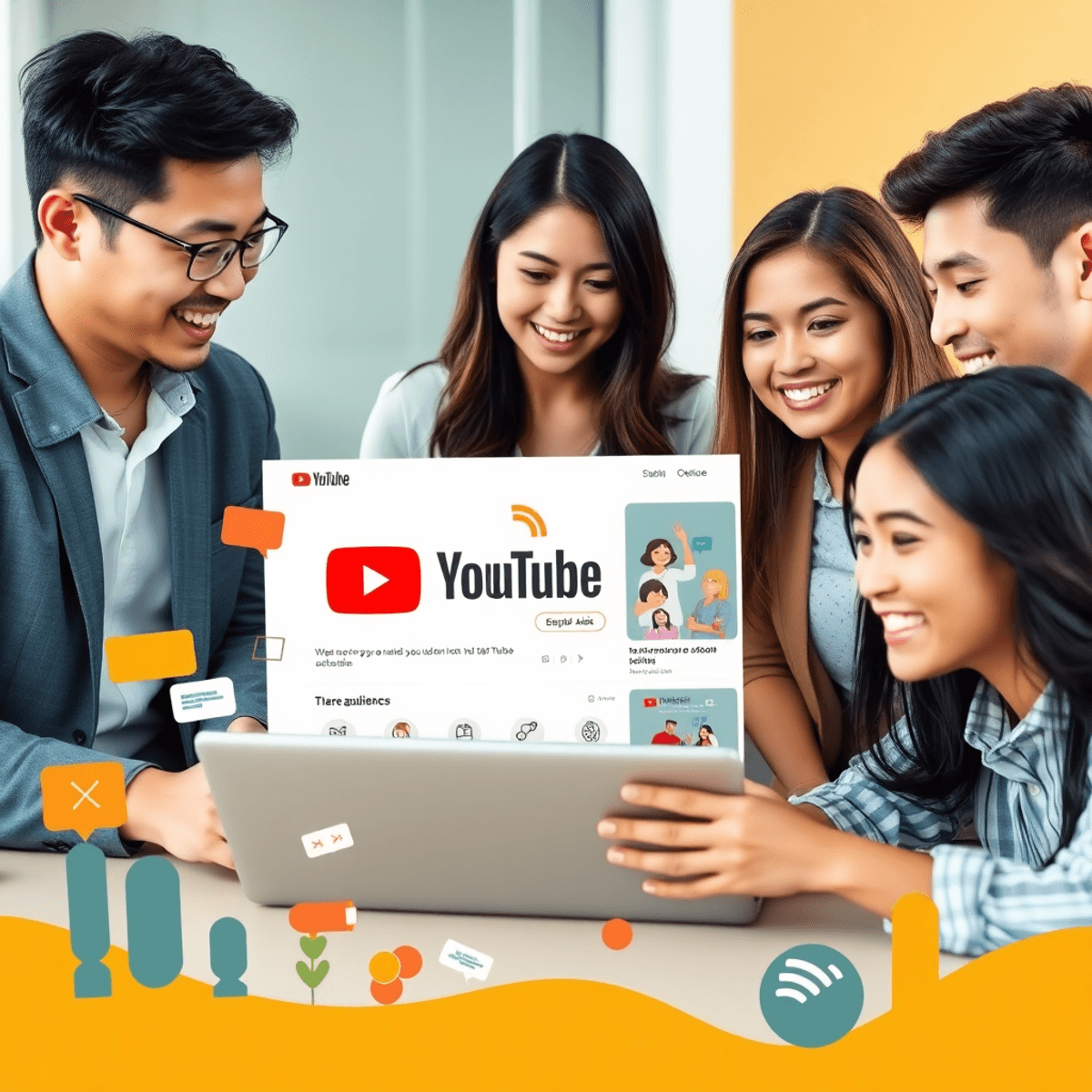 Junge Fachleute arbeiten gemeinsam an Laptop mit YouTube-Werbung, bunte Grafiken und Symbole im Hintergrund, moderner digitaler Marketingstil.