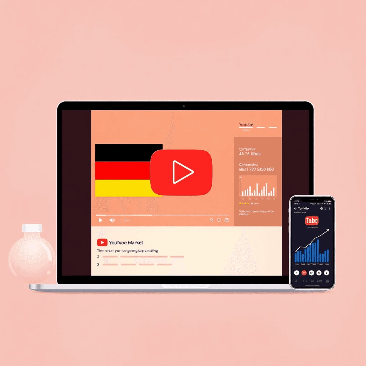 Digitale Illustration einer YouTube-Oberfläche mit deutscher Flagge, hohen Likes und Analysen auf Laptop und Smartphone, die Wachstum und Monetarisierung zeigen.