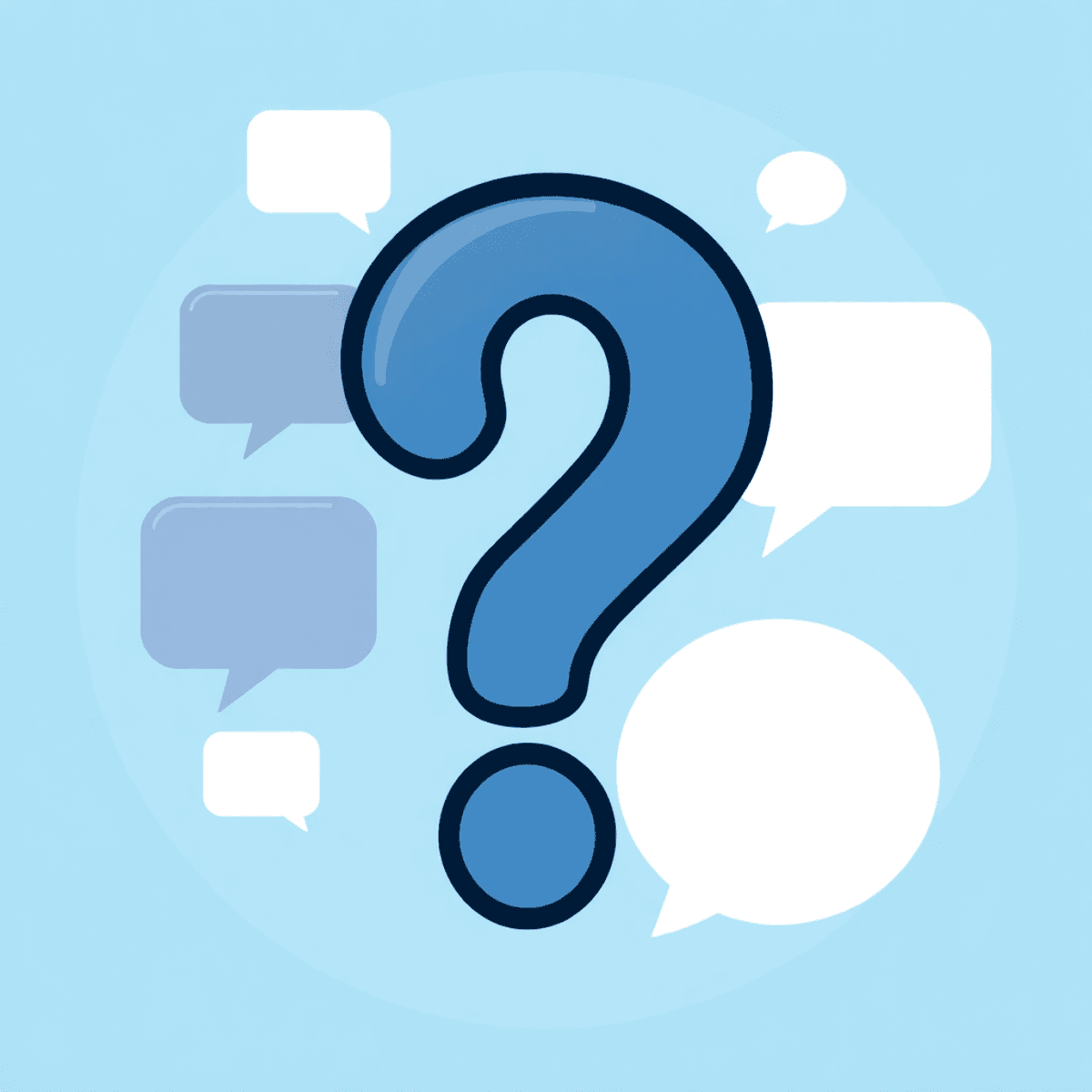 Moderner FAQ-Icon mit Fragezeichen, umgeben von Sprechblasen auf hellblauem Hintergrund, realistisch dargestellt.