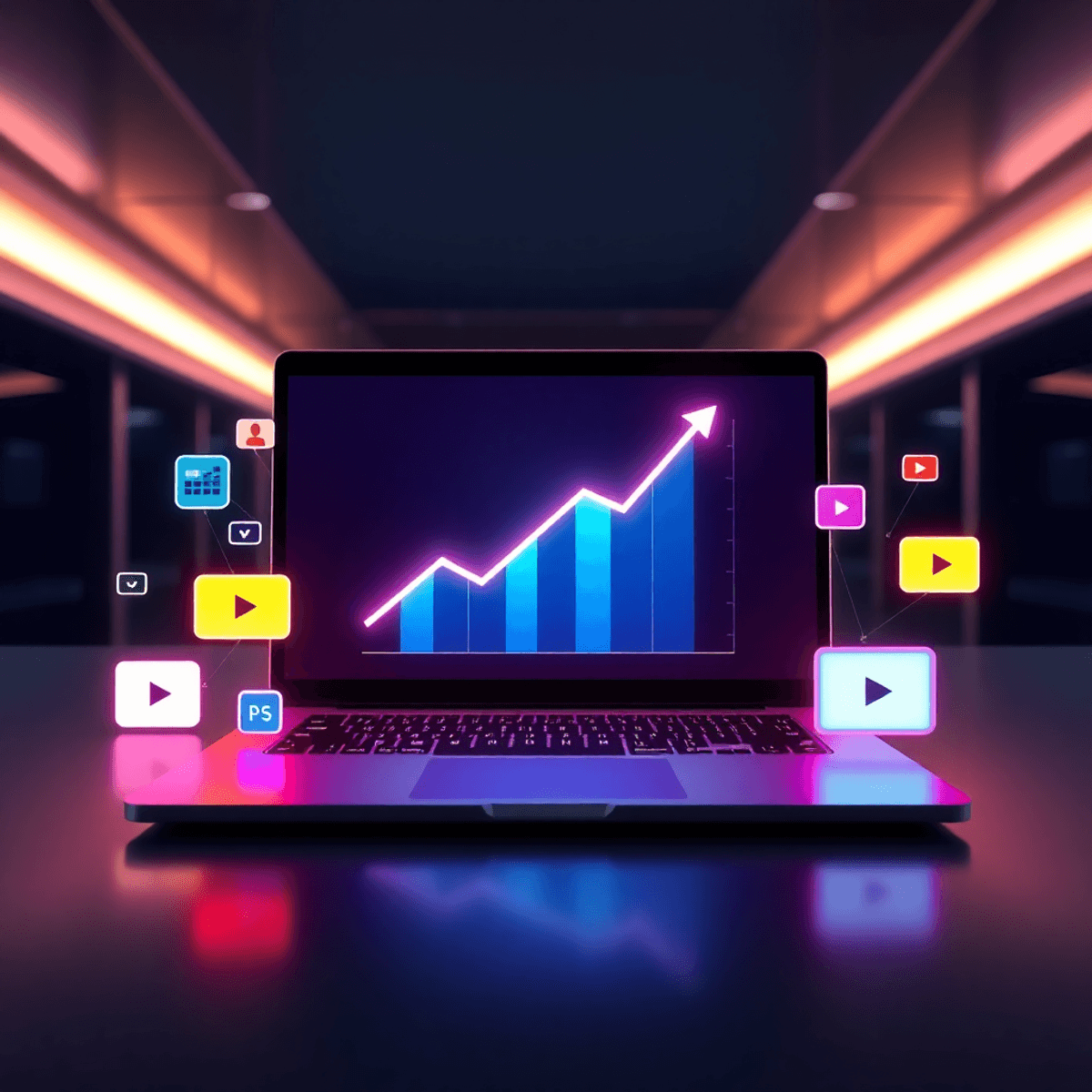 Moderner Laptop mit leuchtendem Aufwärtstrend-Diagramm, umgeben von Video-Play-Buttons und Engagement-Symbolen vor futuristischem Hintergrund.