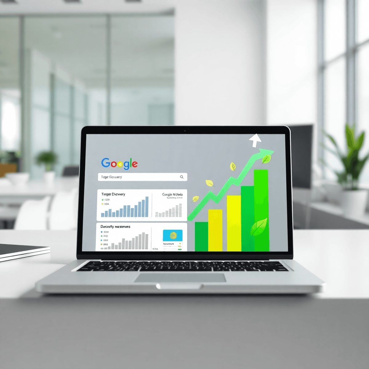 Laptopbildschirm mit Google Target Discovery Ads, aufsteigende Diagramme, organische Wachstumsicons, moderner, sauberer Arbeitsplatz im Hintergrund.