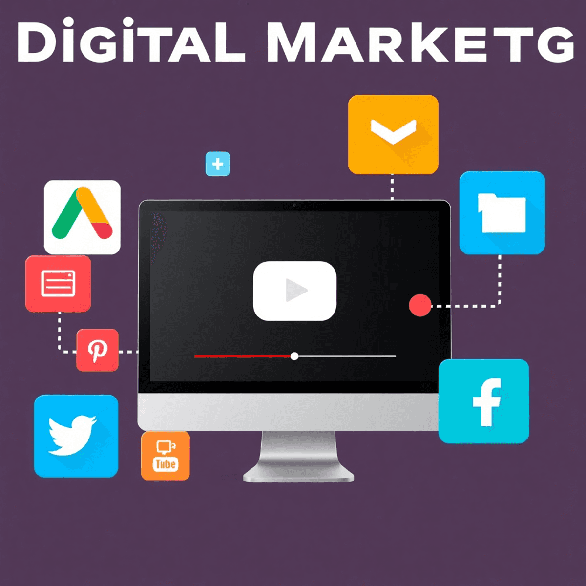 Computerbildschirm mit einem YouTube-Video, umgeben von bunten Symbolen für Google Ads, steigenden Videoaufrufen und sozialer Medieninteraktion in einem modernen Design für digitales Marketing.