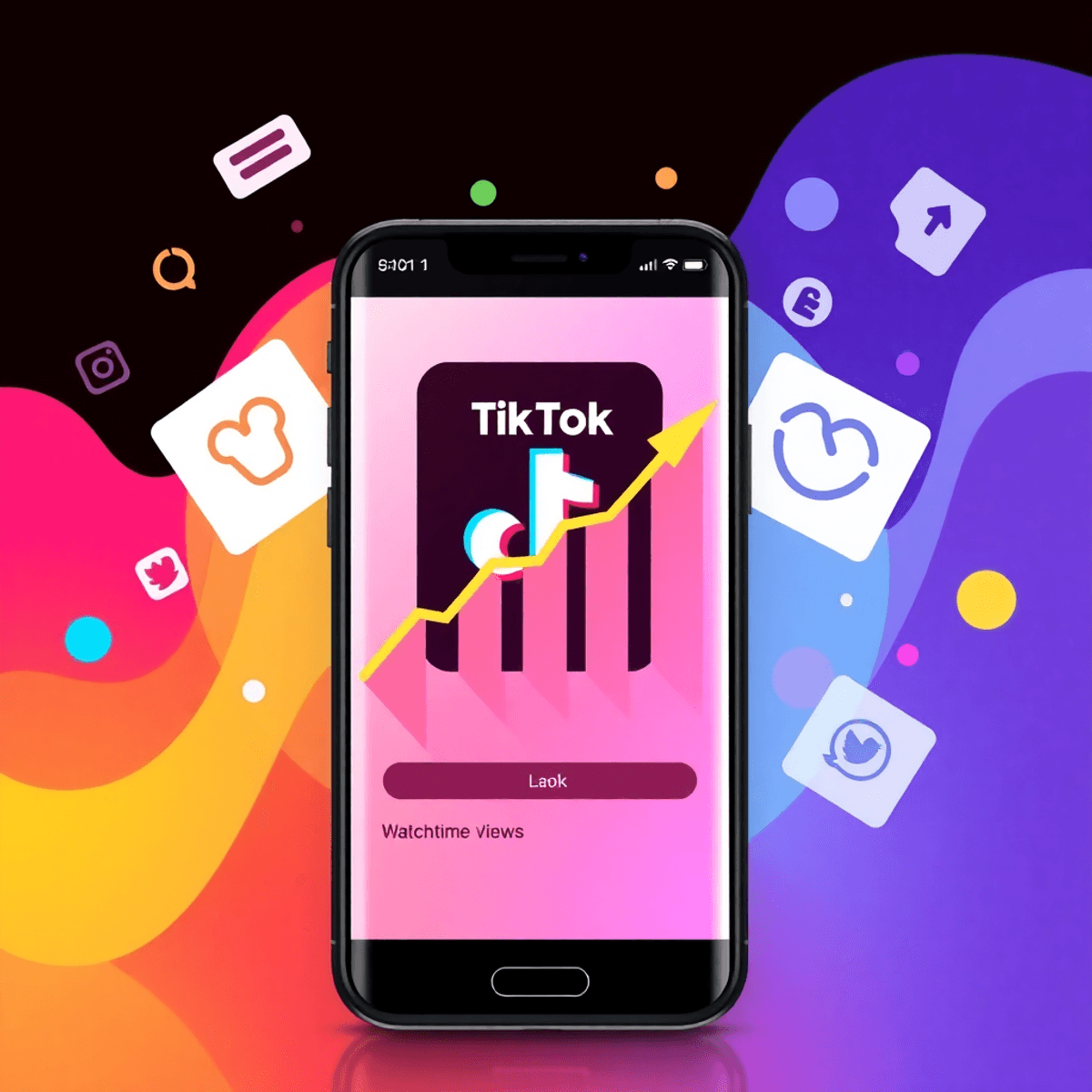 Smartphone, der die TikTok-App mit einem aufsteigenden Diagramm-Overlay zeigt, vor einem dynamischen Hintergrund aus TikTok-Icons und abstrakten Elementen des Wachstums in sozialen Medien.