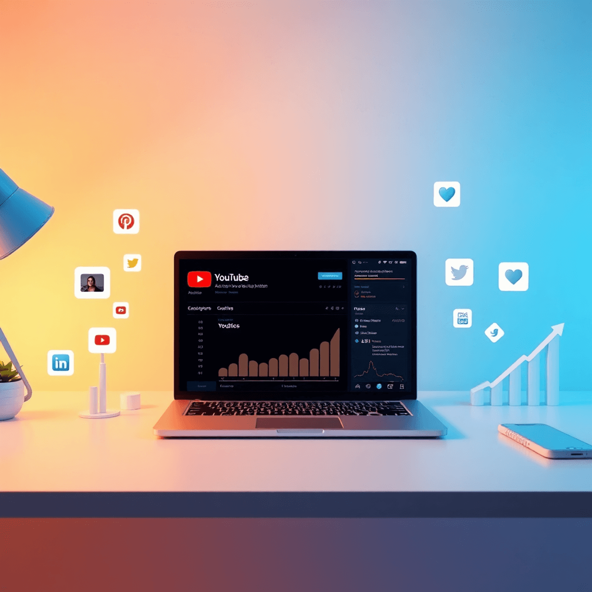 Moderner digitaler Marketing-Arbeitsplatz mit Laptop, der YouTube-Analysen zeigt, umgeben von Social-Media-Symbolen und Wachstumsdiagrammen.