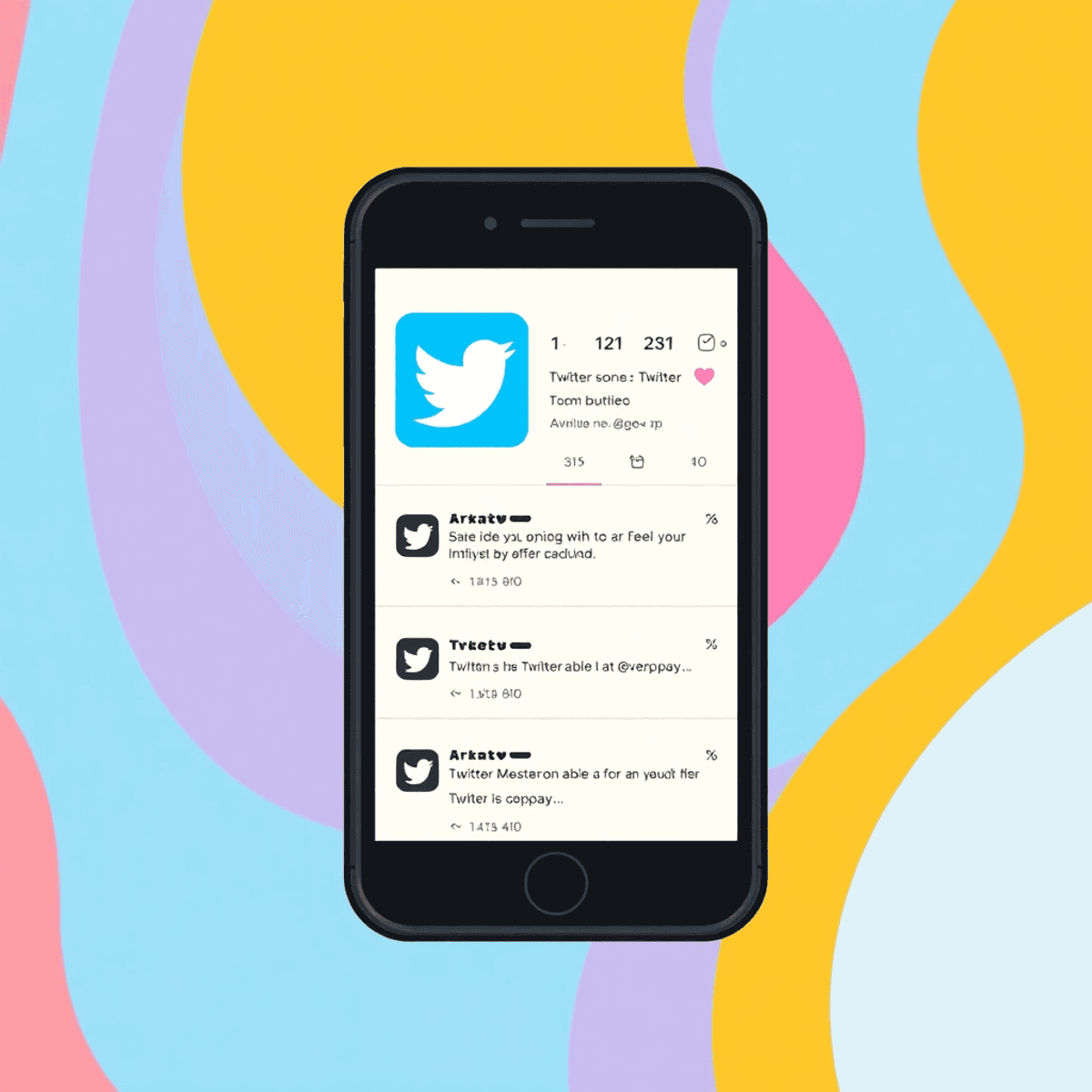 Smartphone-Bildschirm mit einem lebendigen Twitter-Feed voller Likes, Herz-Symbole, Trend-Grafiken und dem Twitter-Logo auf einem bunten, modernen Hintergrund.