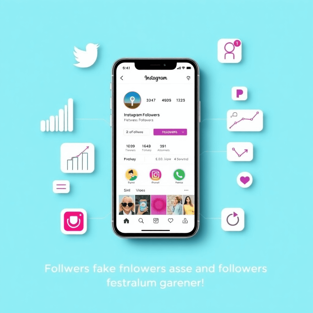 Smartphone zeigt Instagram-Profil mit echten und gekauften Followern, umgeben von Wachstumsgrafiken und Social-Media-Symbolen.