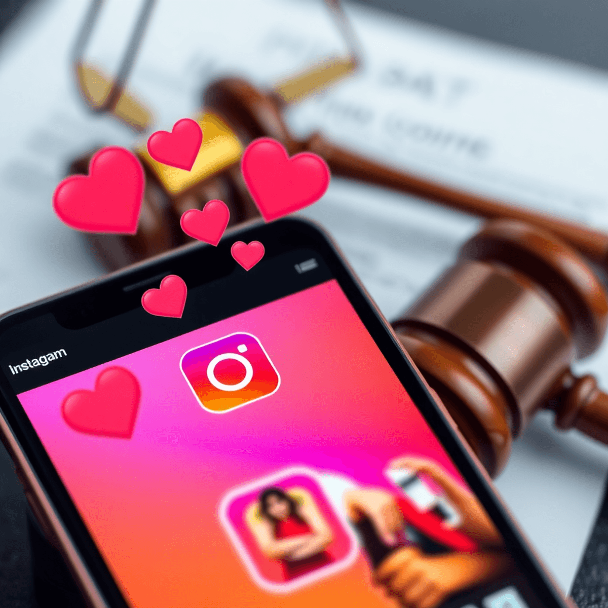 Nahaufnahme eines Smartphone-Displays mit Instagram Reels und schwebenden Like- und Herzsymbolen vor verschwommenen juristischen Dokumenten und einem Richterhammer.