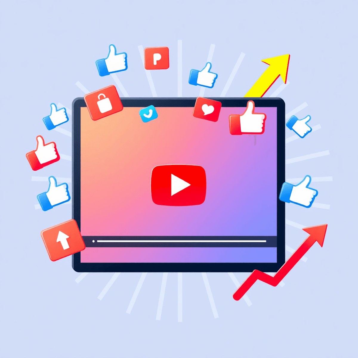 Eine realistische digitale Illustration einer YouTube-Oberfläche mit schwebenden Social-Media-Icons und nach oben zeigenden Pfeilen auf einem hellen Hintergrund.