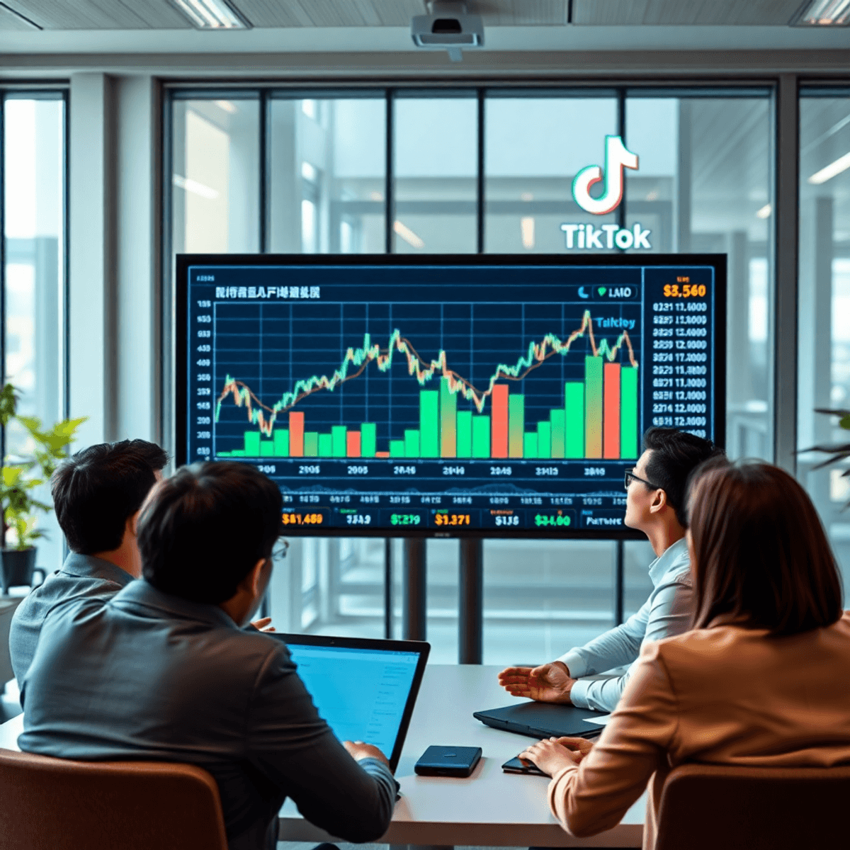 Moderne Börsenbildschirm mit steigenden Aktiencharts und TikTok-Logo, Investoren analysieren Daten in hellem Büro.