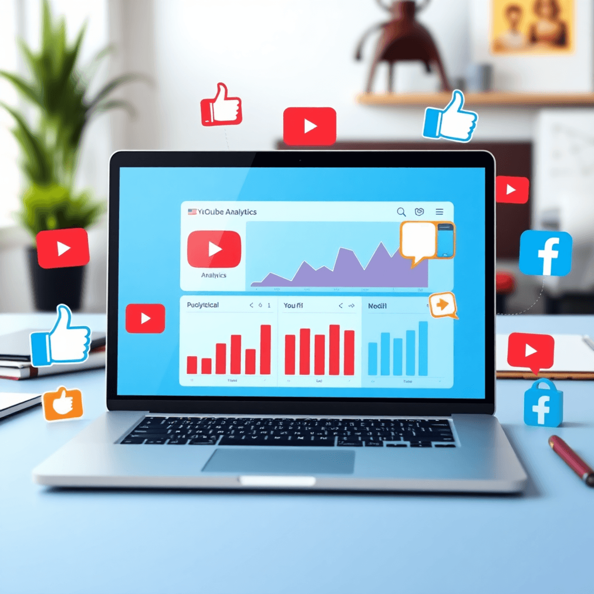 Laptop mit YouTube-Analysen, umgeben von Social-Media-Symbolen, in einem professionellen Arbeitsumfeld, realistisch dargestellt.