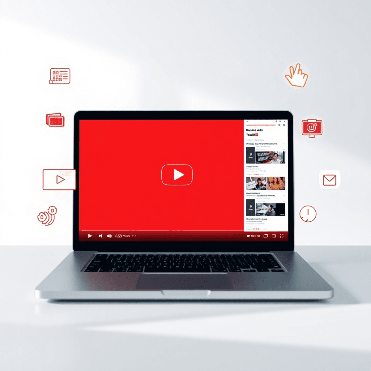 Laptop-Bildschirm, der ein YouTube-Video mit nativen Anzeigen zeigt, umgeben von Symbolen für Zielgruppenansprache, Engagement und Markenbekanntheit auf einem sauberen modernen Hintergrund.
