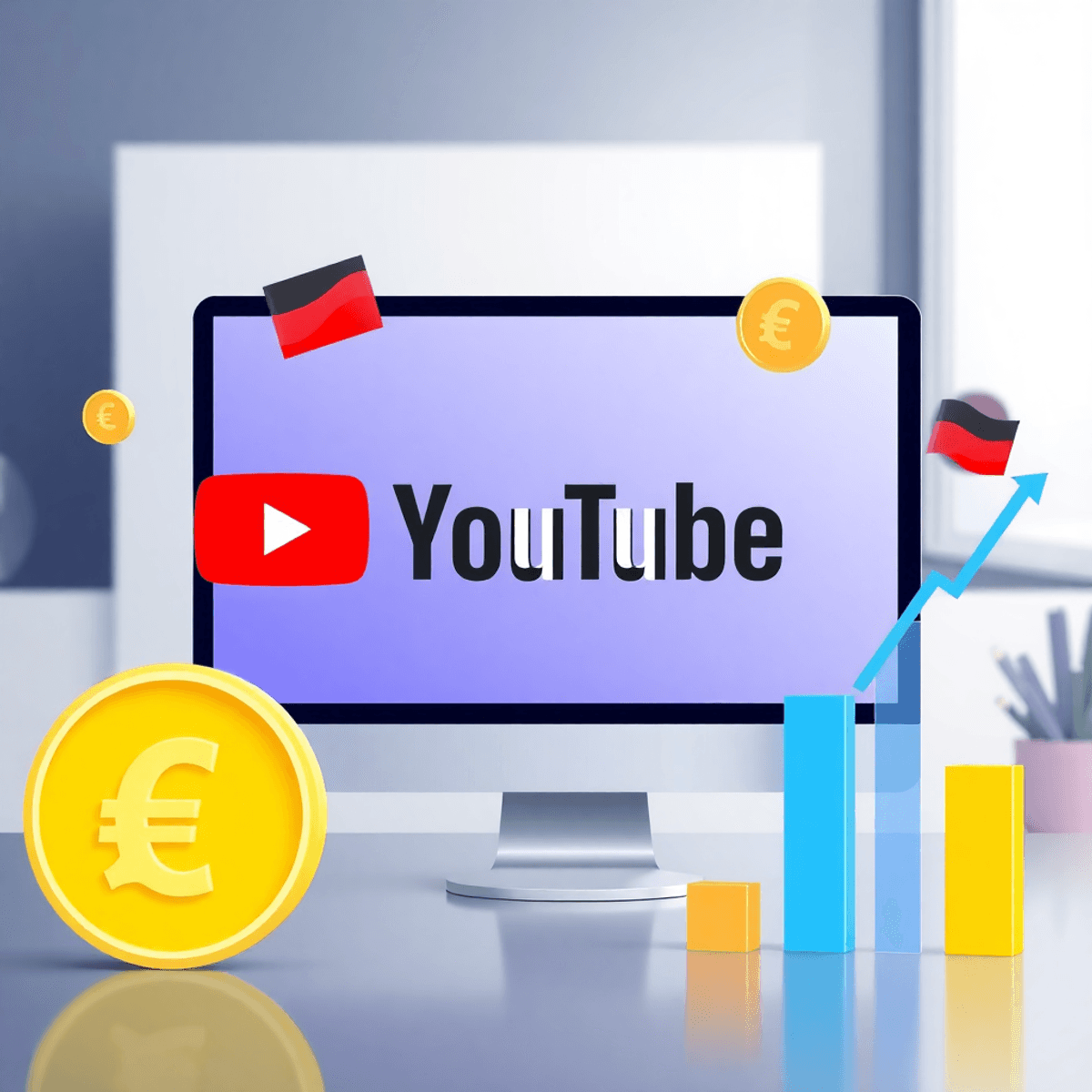 Digitales Bild eines Computerbildschirms mit YouTube-Logo, umgeben von schwebenden Währungssymbolen und steigenden Ansichtsdiagrammen vor modernem Hintergrund.