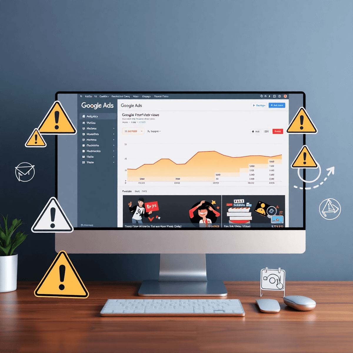 Computerbildschirm zeigt Google Ads-Analysen mit Kurzvideo-Ansichten, umgeben von Warnsymbolen und digitalen Marketing-Icons, betont Risiken beim Kauf kurzer Anzeigenaufrufe.