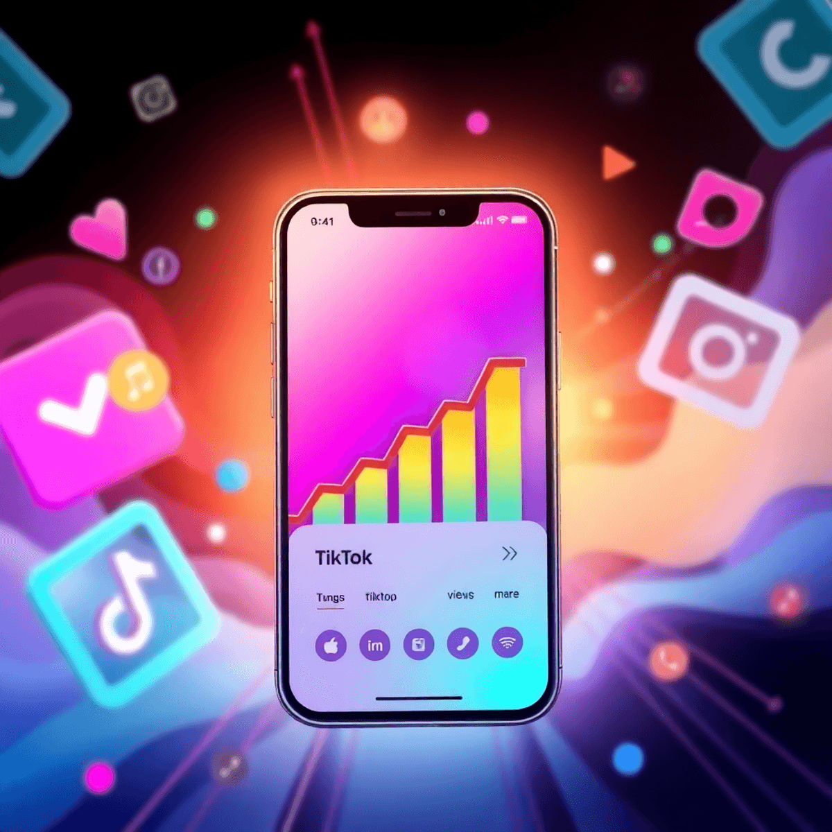 Digitales Bild eines Smartphones mit TikTok-App, auf dem aufsteigende Grafiken und bunte Symbole Wachstum und Erfolg zeigen, vor hellem Hintergrund.
