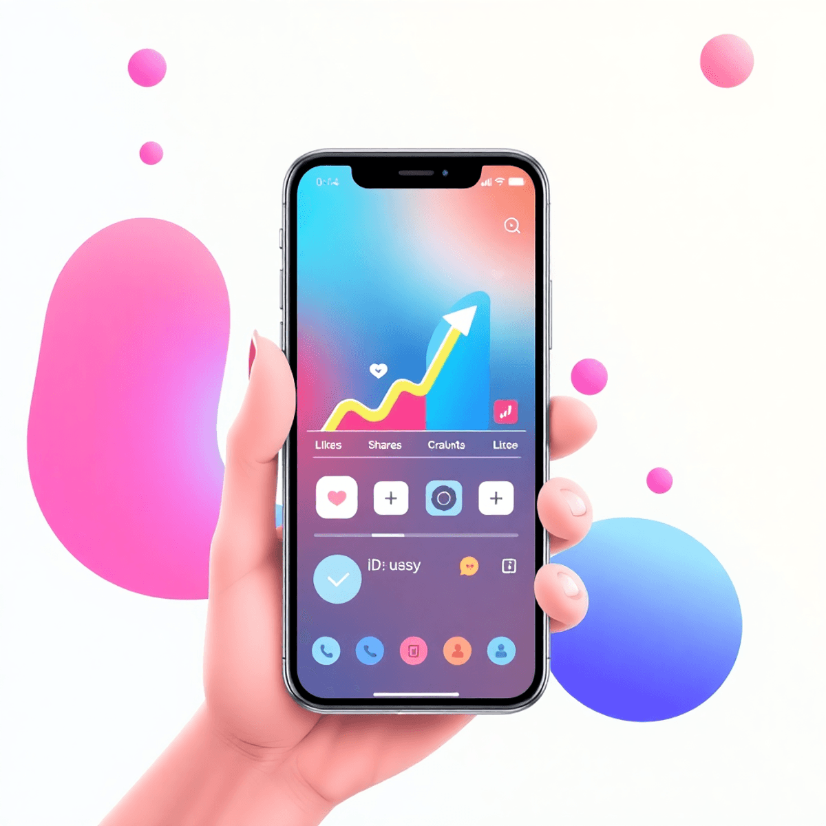 Smartphone-Bildschirm zeigt Social-Media-Reel mit ansteigenden Graphen und Symbolen für Likes, Shares und Kommentare vor buntem Hintergrund.
