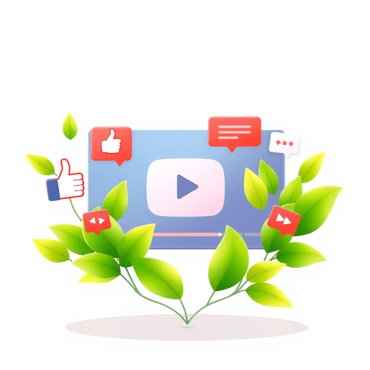 Digitale Illustration eines YouTube-Interfaces mit Daumen hoch, Teilen-Symbolen und Chatblasen, umgeben von grünen Blättern vor modernem Hintergrund.