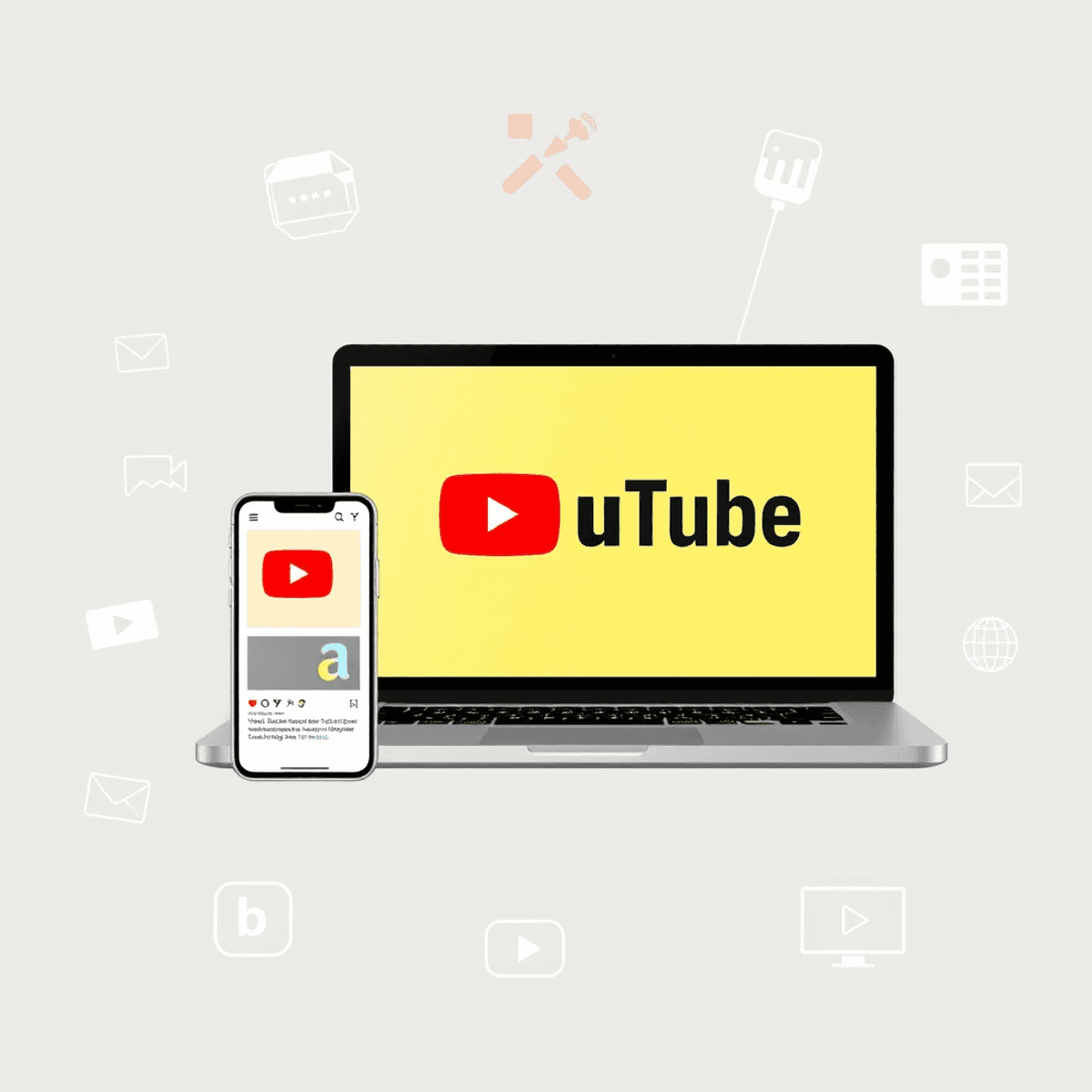 Laptop und Smartphone zeigen YouTube Native Ads, umgeben von Symbolen für Engagement, Wachstum und Videoinhalte in modernem, realistischem Design.